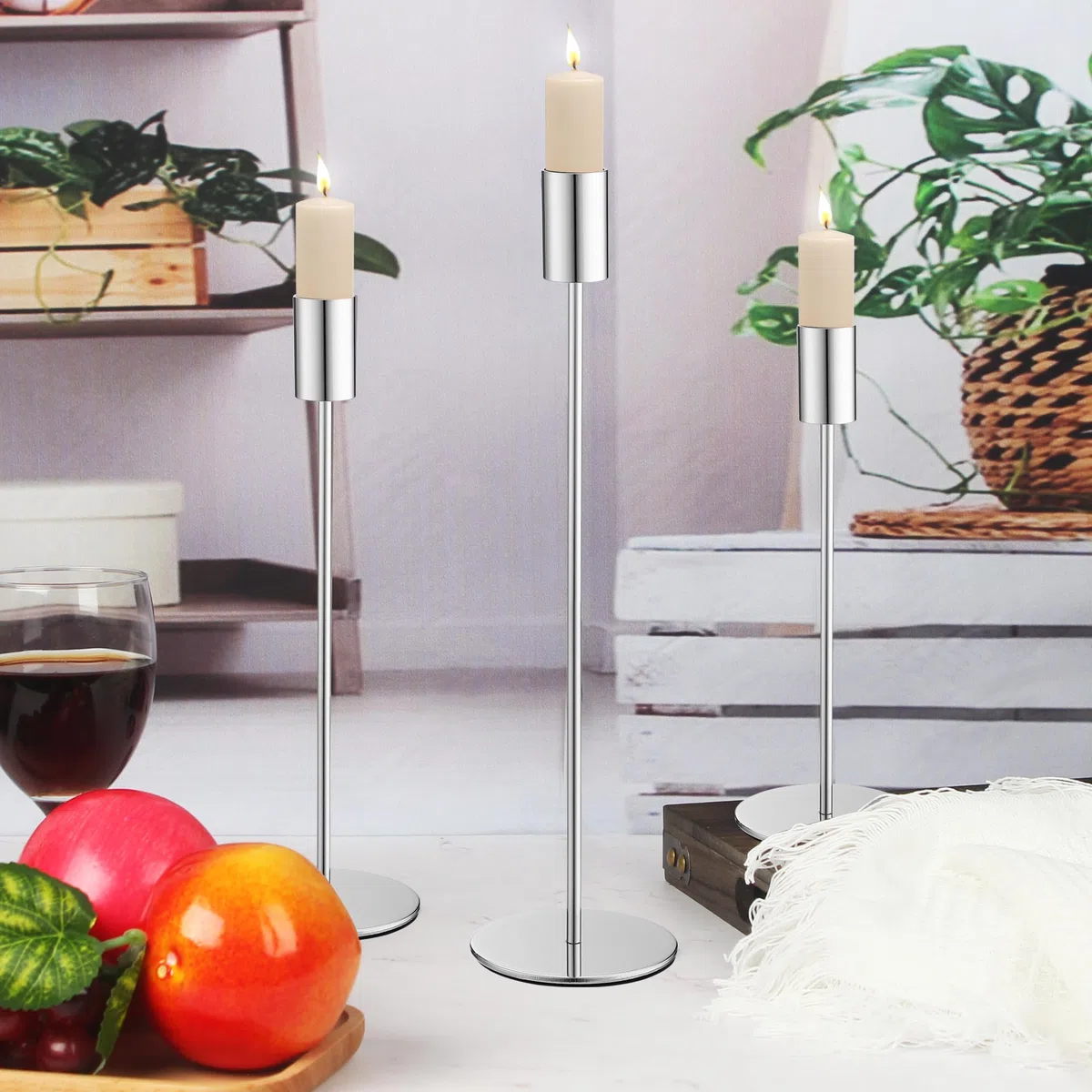 Juego de 6 Candelabro Plata,33/28/23 cm,3 Candelabro Cilíndrico de Diferentes Alturas, Decoración del Hogar, Cenas,Boda, Navidad, Fiestas