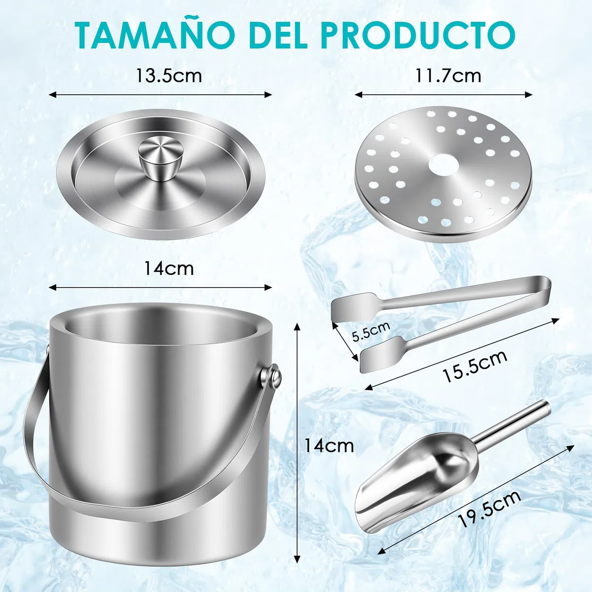2L Cubitera con Tamiz y Pinzas Para Hielo, Cubiteras Acero Inoxidable, Para Bares, Restaurantes, Fiestas, Cerveza