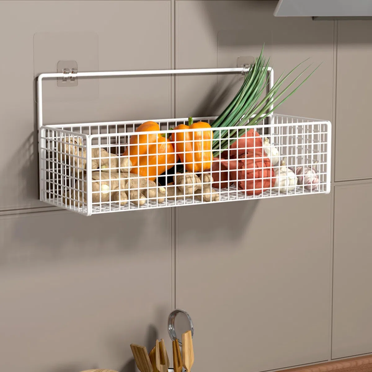 Cesta de Almacenamiento de Alambre de Metal, Organizador Colgante Montado en la Pared con Adhesivo para Cocina, Despensa y Baño
