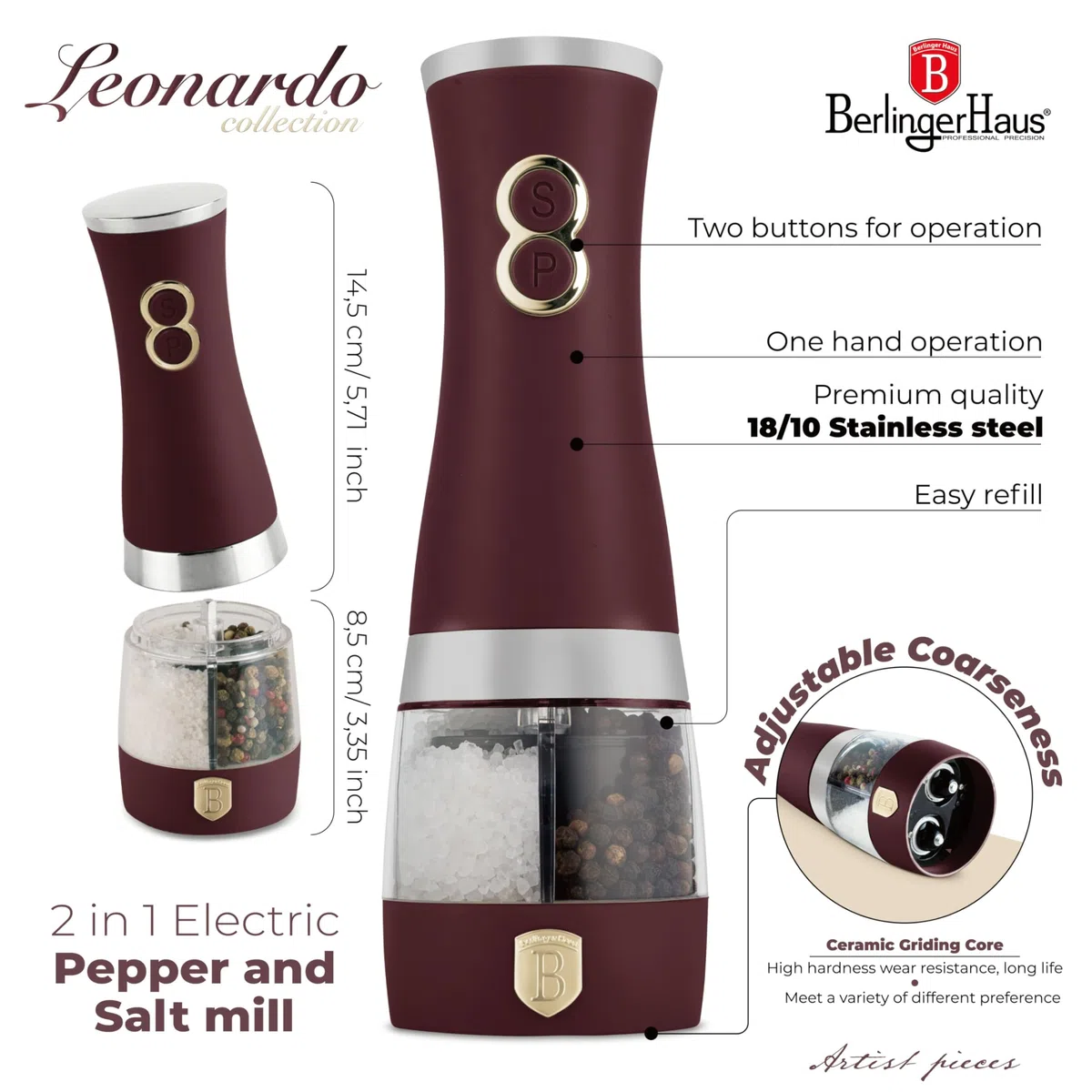 Berlinger House 2 en 1 molinillo eléctrico de pimienta y sal/crema mate/con molinillo de cerámica/baterías: 6 piezas AA (no incluidas) Colección Leonardo