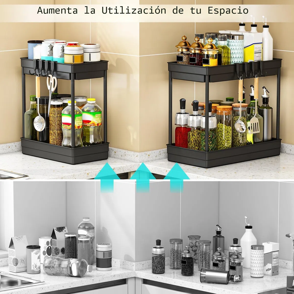 TidyTrove 2 Paquete Organizador Bajo Fregadero - Organizador Cocina 2 Niveles para Debajo del Fregadero,Organizador Baño con 8 Ganchos,Negro