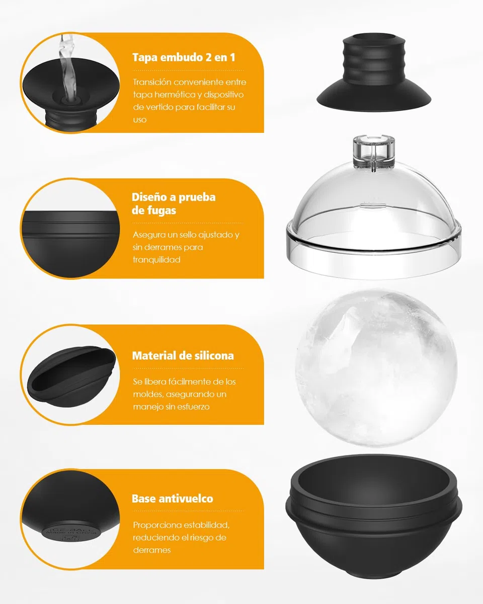 Cubiteras para hielo grande de silicona para whisky - Set de 4 con tapa de embudo 2 en 1 - Moldes de cubitos de hielo redondos de 6cm para cócteles de bourbon - Liberación fácil - Large ice cube tray