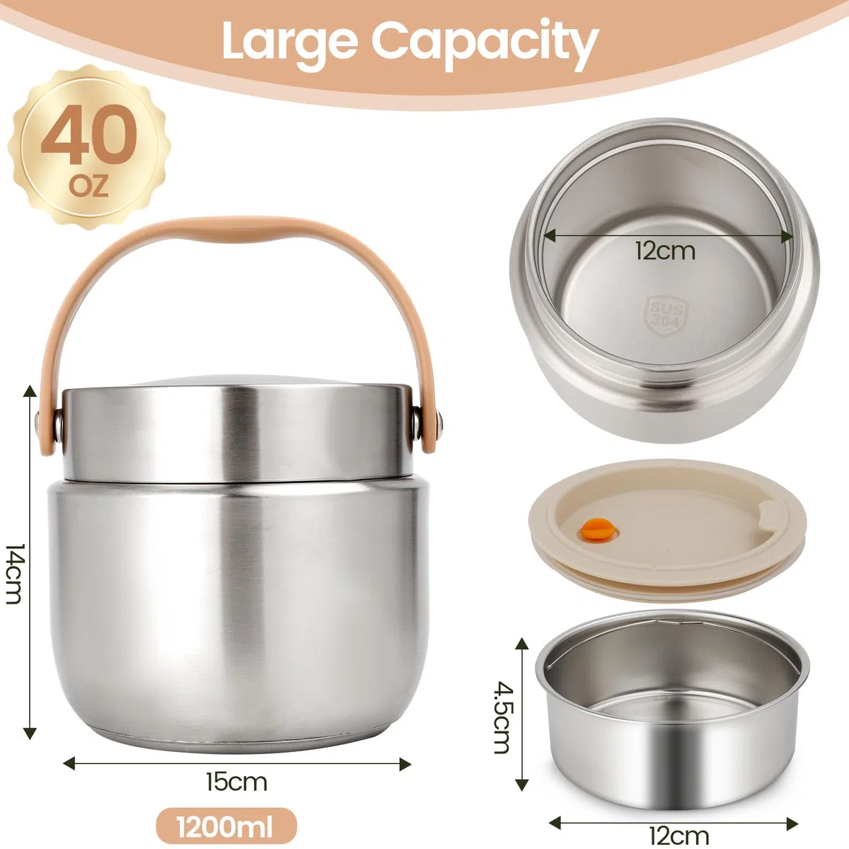 Termo Comida Caliente 1200ml, Térmico para Alimentos con Cuchara Plegablem, Fiambrera Térmica Acero Inoxidable, Termo de Comida para Adultos y Niños - Plata