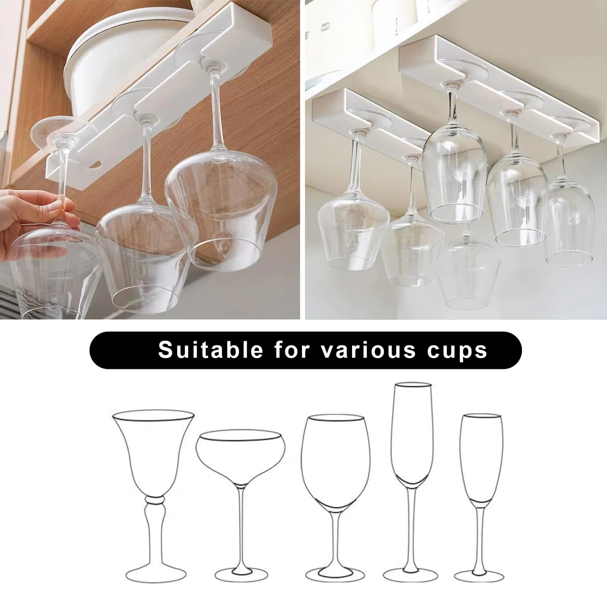 Soporte para copas de vino, Paquete de 2 scuelga copas, Colgador copas, Organizador de plástico para bar, Sin perforaciones, Autoadhesivo (Blanco)
