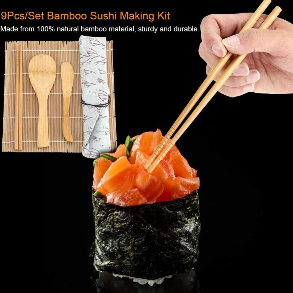 Atyhao 9 Piezas/Set Kit de Fabricación de Sushi de Bambú Incluye 2 Esteras 5 Palillos 1 Paleta 1 Cuchilla de Sushi