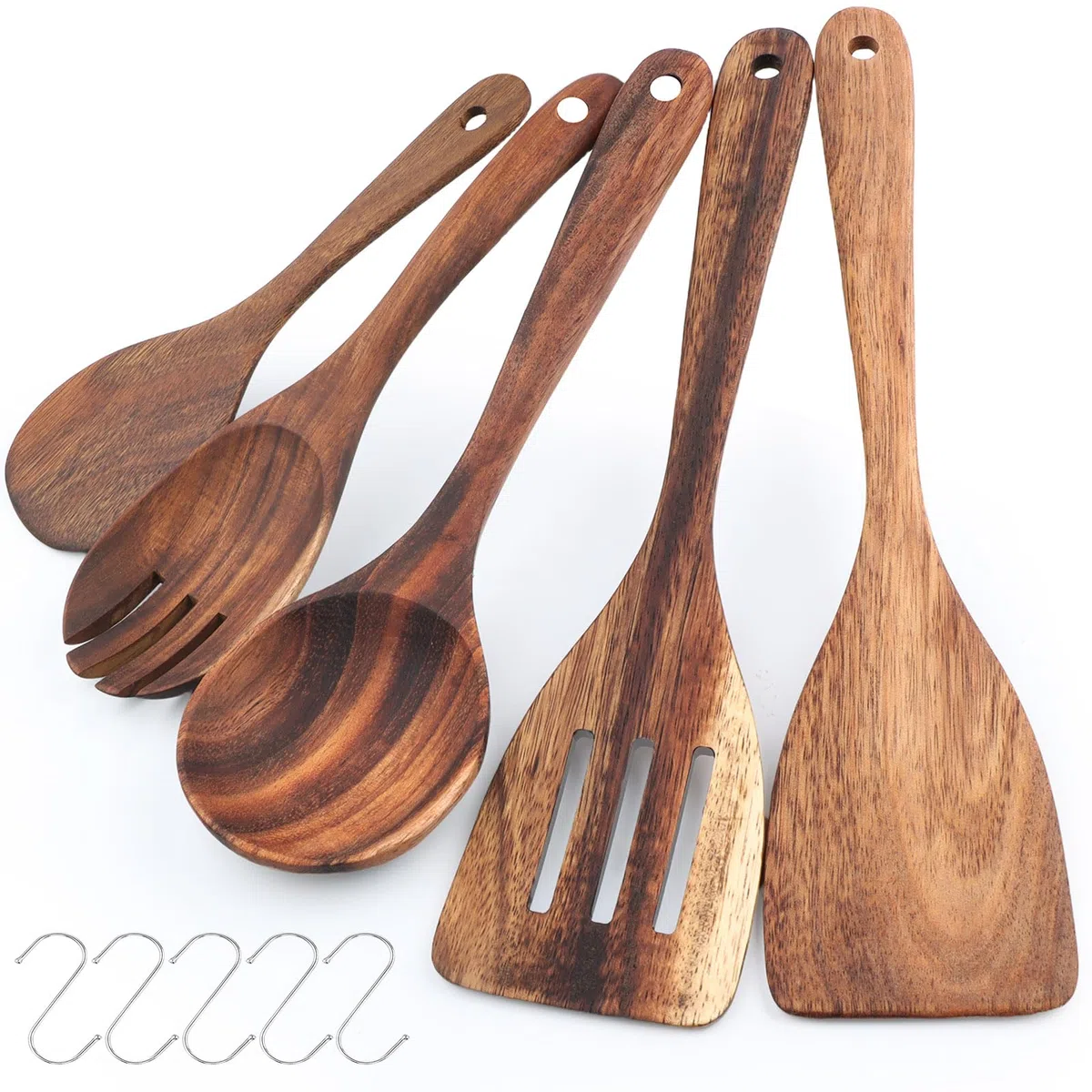 Juego Utensilios de Cocina Madera Acacia 5 Piezas con Espátula Cucharón Cuchara para Arroz Tenedor de Ensalada Compatible con Sartenes Antiadherentes incluye 5 Ganchos para Cocina Hogar