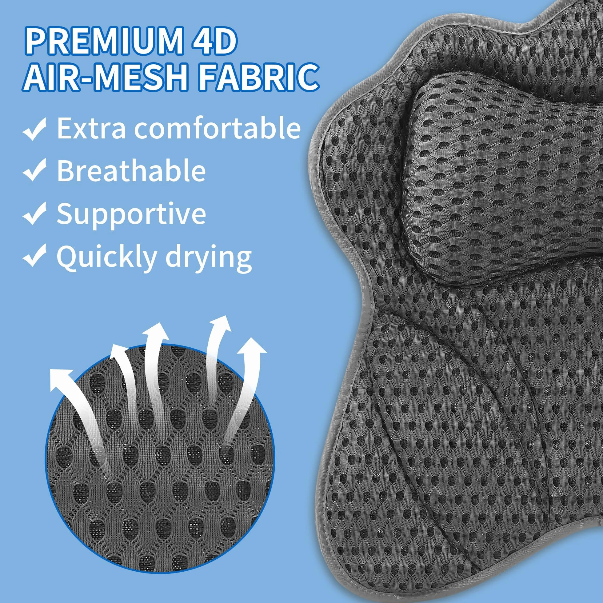 Almohada Bañera，Cojin Bañera，Almohada de Baño de Malla 4D，con 6 Tazas de succión para Relajarse para soportar su Cuello, Hombros, Cabeza y Espalda, para SPA para el hogar (Gris)