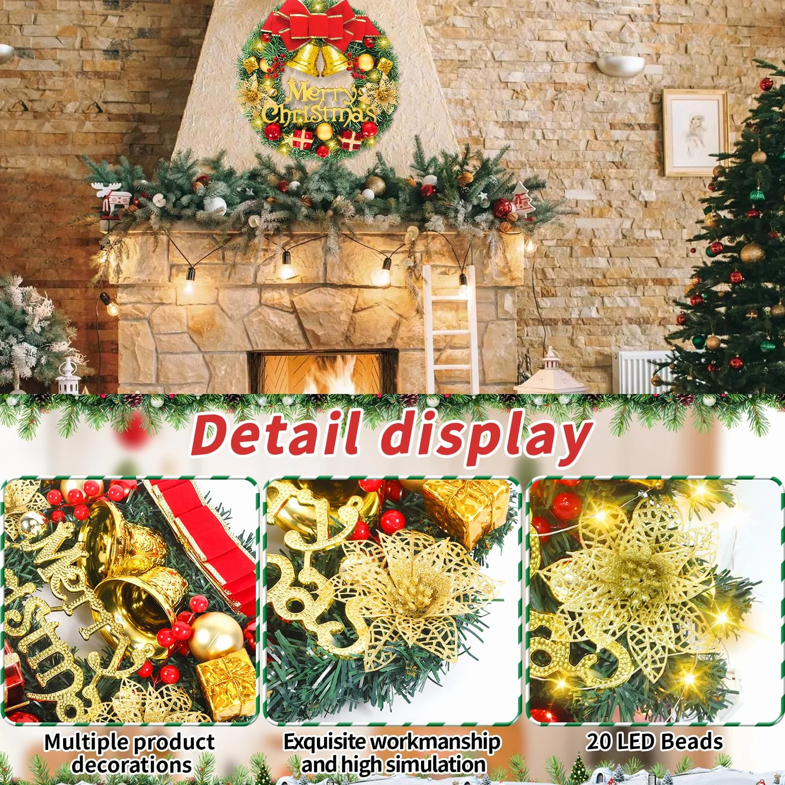 Corona Navidad Puerta, Corona navideña Artificial con Luces, 30 cm, Decoración para chimeneas y Paredes.