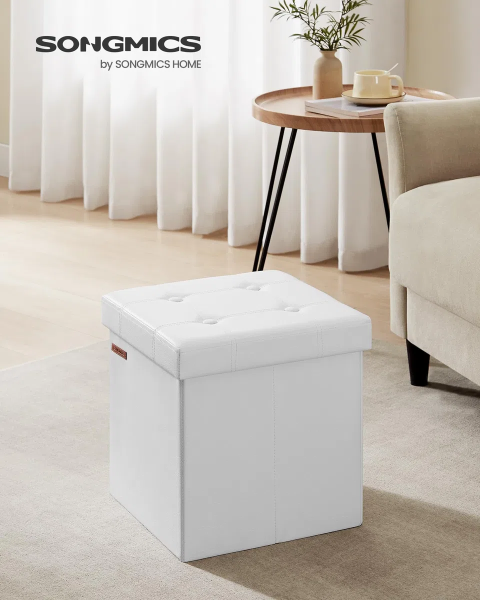 SONGMICS Puff Almacenaje de 38 cm, Banco de Almacenamiento Plegable con Tapa, Reposapiés, Cuero Sintético, Carga de 300 kg, para Entrada, Sala de Estar, Dormitorio, Blanco Nube LSF030W11