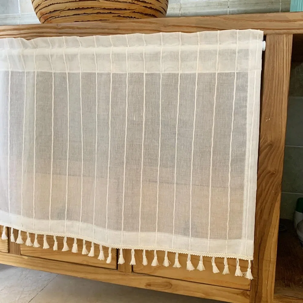 Cortina de Cocina de Lino Boho, Cortinas de Cenefa Semitransparente de Granja, Panel Corto Rústico para Ventanas Pequeñas, Bolsillo para Varilla(Size:H90xW100cm/35x39in)