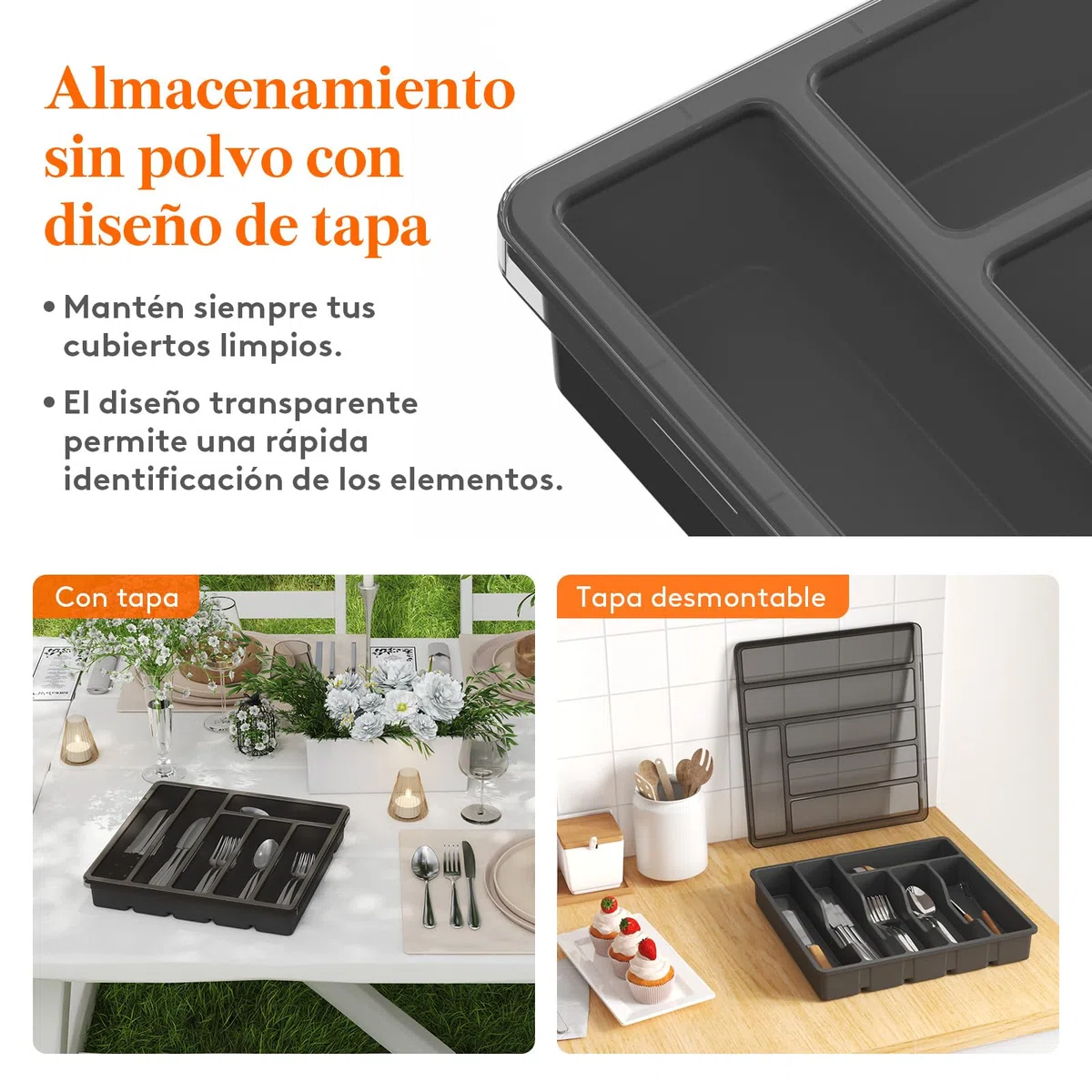 Lifewit Organizador cubiertos para cajon con tapa, Caja de cubiertos para cajón de cocina, Organizador de cajón de plástico para cuchillos, tenedores, cucharas, Bandeja con 6 compartimentos, Negro