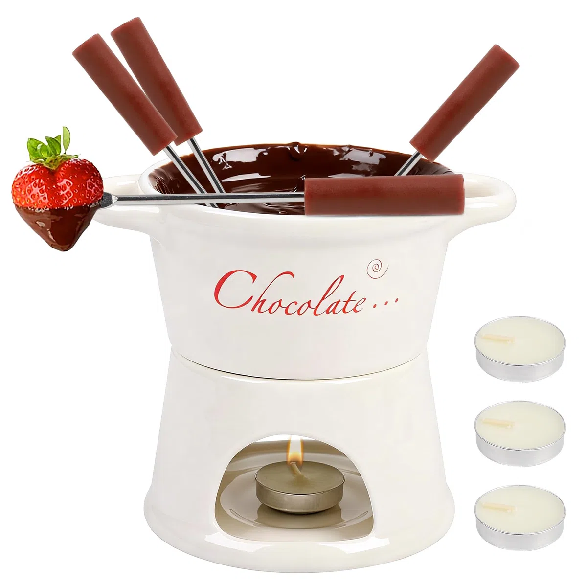BigKing Crisol para chocolate y queso de 300 ml, juego de fondue de chocolate de cerámica con 4 tenedores y 4 velas de té, extraíble, mini taza para fondue para casa, restaurante y café