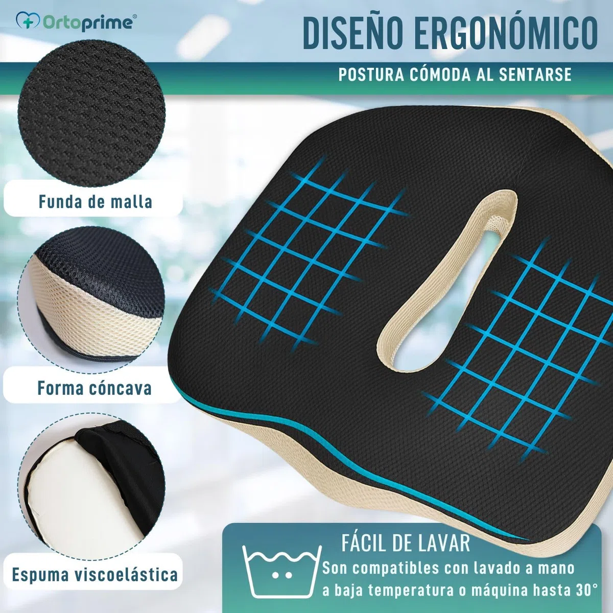 OrtoPrime Cojín Antiescaras Viscoelástico para Coxis ORTOPÉDICO Cojín Silla Oficina y Hogar - Cojines Viscoelásticos Confort Cojín para Silla de Ruedas Viscoelástico - Cojín VISCOELÁSTICO Antiescaras