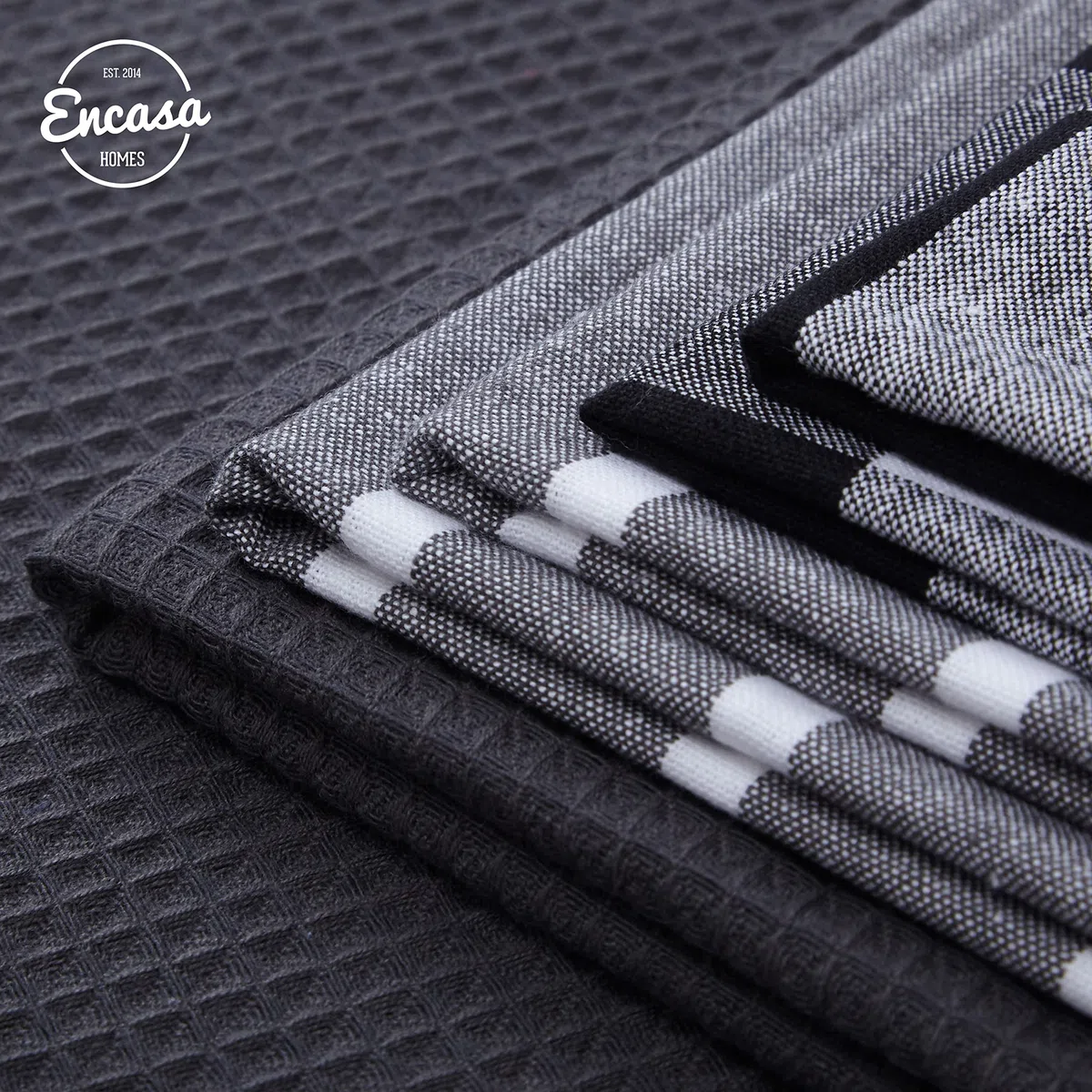 Encasa XO Paños y paños de cocina de algodón Encasa XO Gris | Toalla de té de tejido plano y tipo gofre | Juego de paños de cocina | 70x45 cm | Reutilizable y de secado rápido Juego de 5