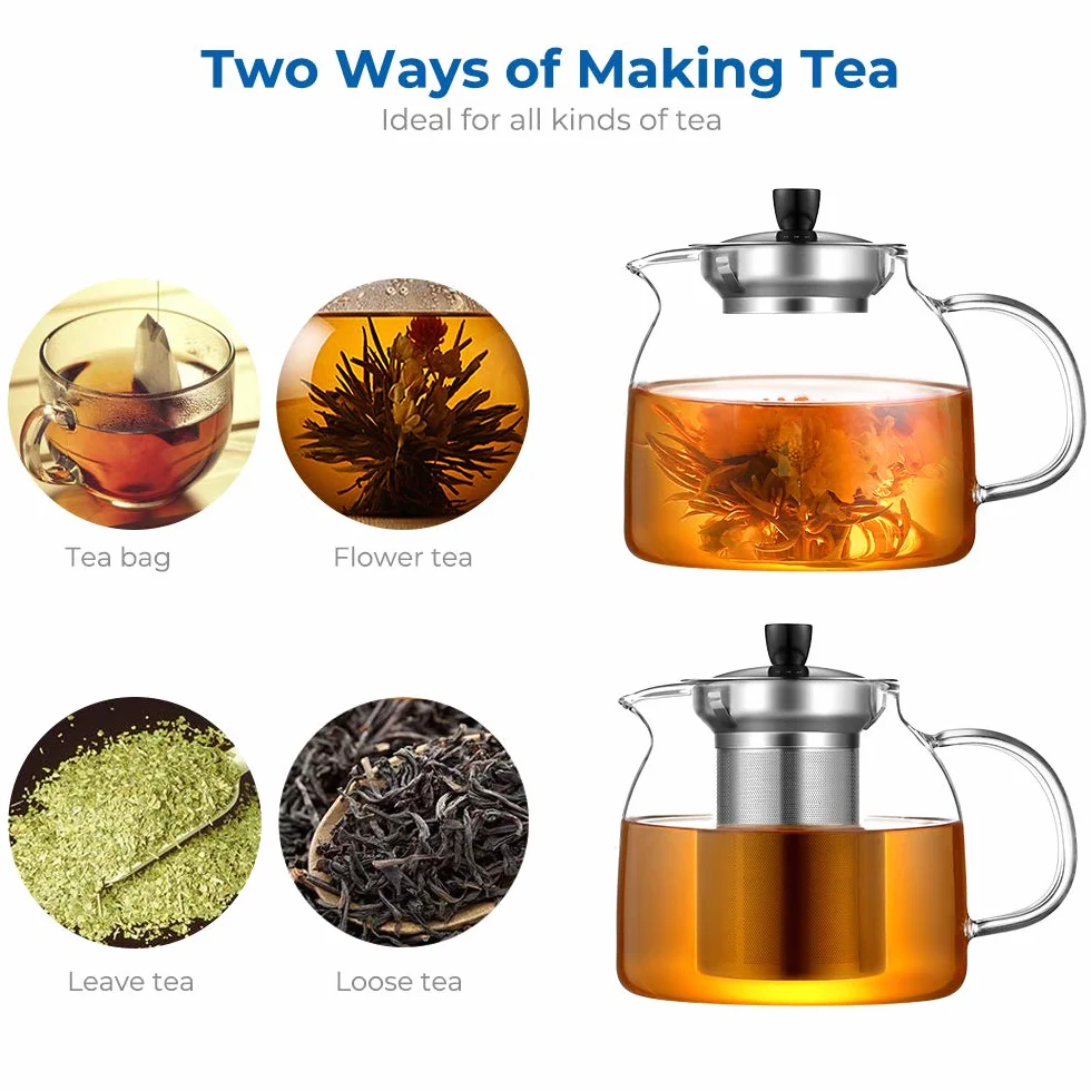ecooe - Tetera de Cristal Con Infusor de 1000 ml, Transparente Resistente al Calor, Infusor Extraíble de Acero Inoxidable, Para Té Negro, Verde y Más