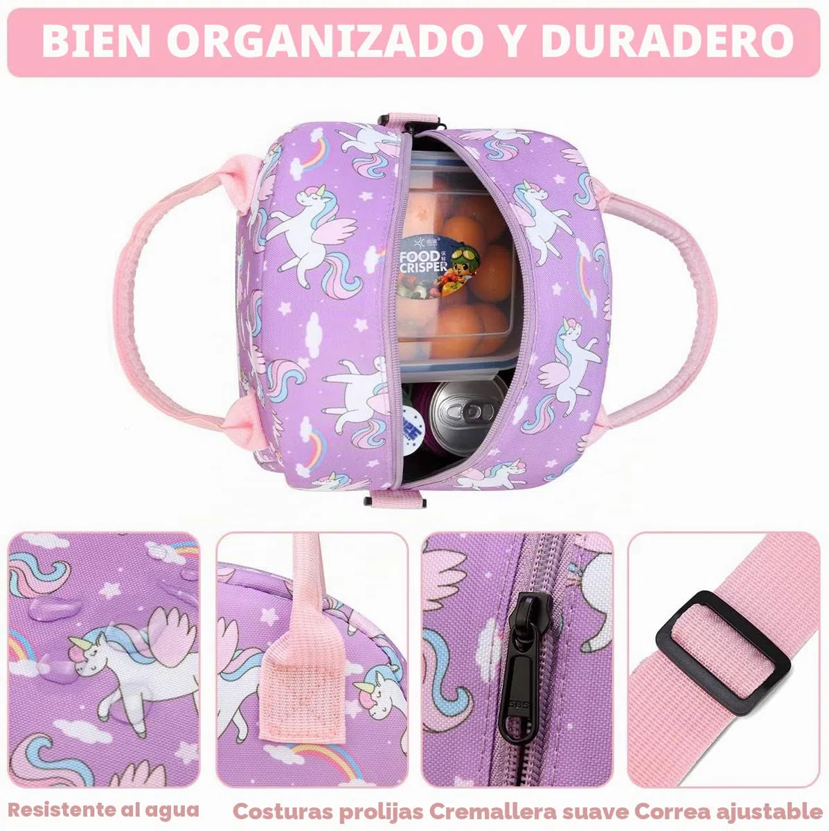 VASCHY Bolsa Almuerzo Infantil, Bolsa Termica Porta Alimentos para Niñas Bolsa Merienda Infantil Bolsa Termica Comida 8.2 Litros para la Escuela con Asa y Correa Desmontable, Unicornio