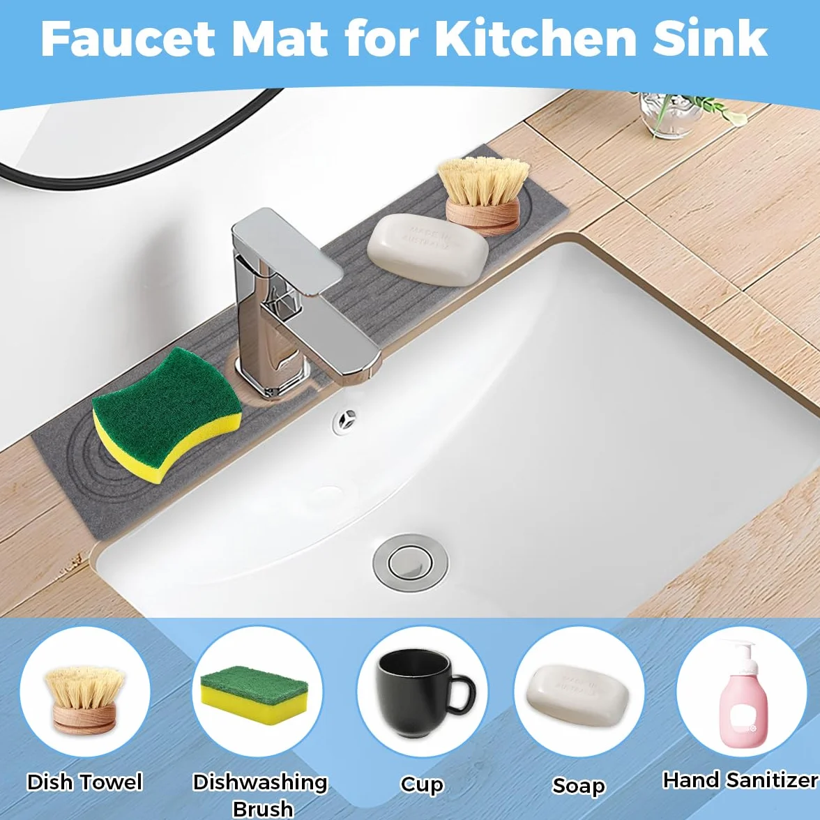 Zykra Alfombrilla Fregadero Cocina 45x10cm Protector Mueble Fregadero de Diatomita, Piedra Diatomita Cocina, Piedra Absorbente Cocinai, Bandeja de Secado de Diatomit para Cocinai y Baño