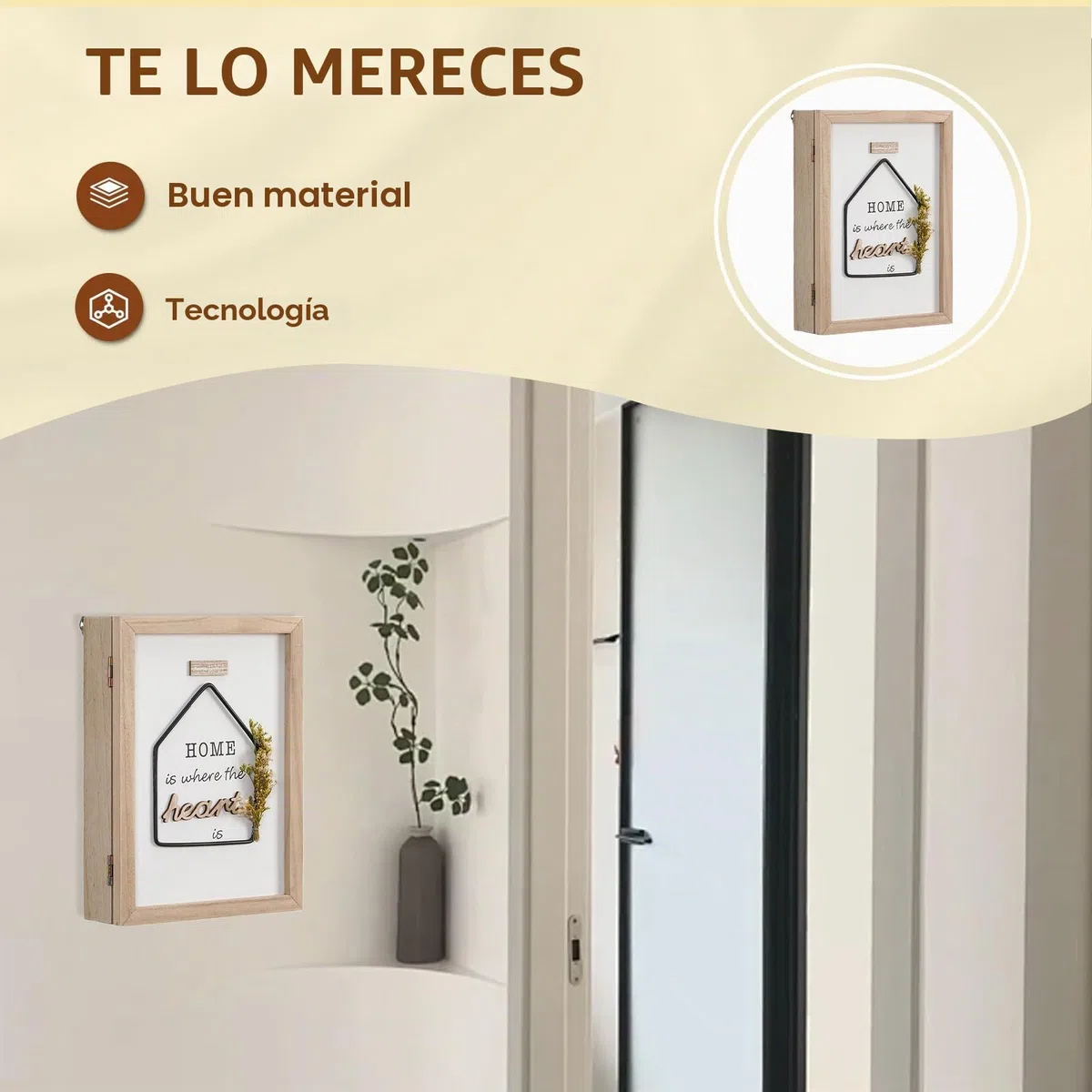 Caja para llaves, caja de llaves de madera, caja de llaves montada en la pared con 6 ganchos, fácil de montar en la pared para entrada, habitación, pasillo, baño, natural, 20 x 6 x 27 cm