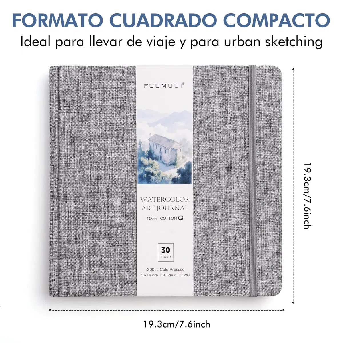 Cuaderno de Acuarela 19 x 19 cm, 100% Algodón, 300 g/m², Sin Ácidos, Prensado en Frío, 30 hojas, Tapa Dura, ideal para Viaje, Urban Sketching, Artistas y Principiantes | Watercolor Sketchbook