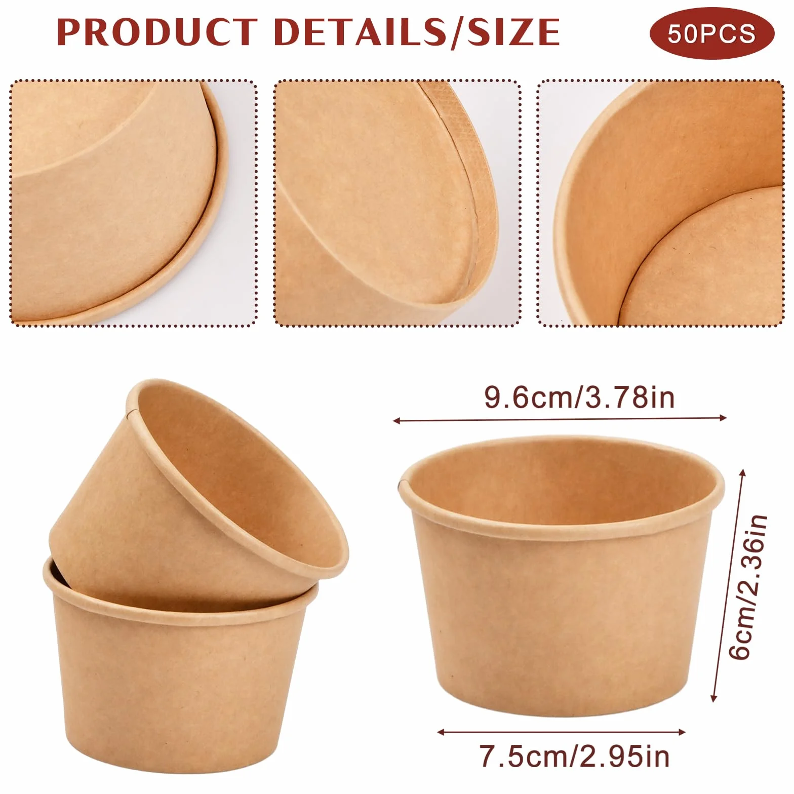 50 Piezas Cartón de Comida, Vasos de Papel para Helado, Taza Compostable Cuenco Cartón Kraft, Cartón de Sopa, Contenedores de Sopa de Papel para Frutas Postre Aperitivos Yogur (230ml)