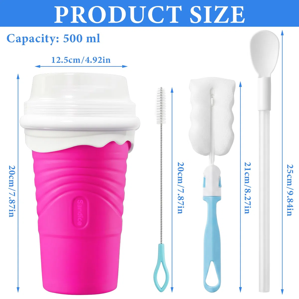 500 ml Taza para Hacer Granizadosen Silicona, Slushy Maker Reutilizable con Cuchara-Pajita 2 en 1 y Cepillo de Limpieza, para Smoothies, Batidos y Bebidas Frías Caseras, para Niños y Familia (Rosa)