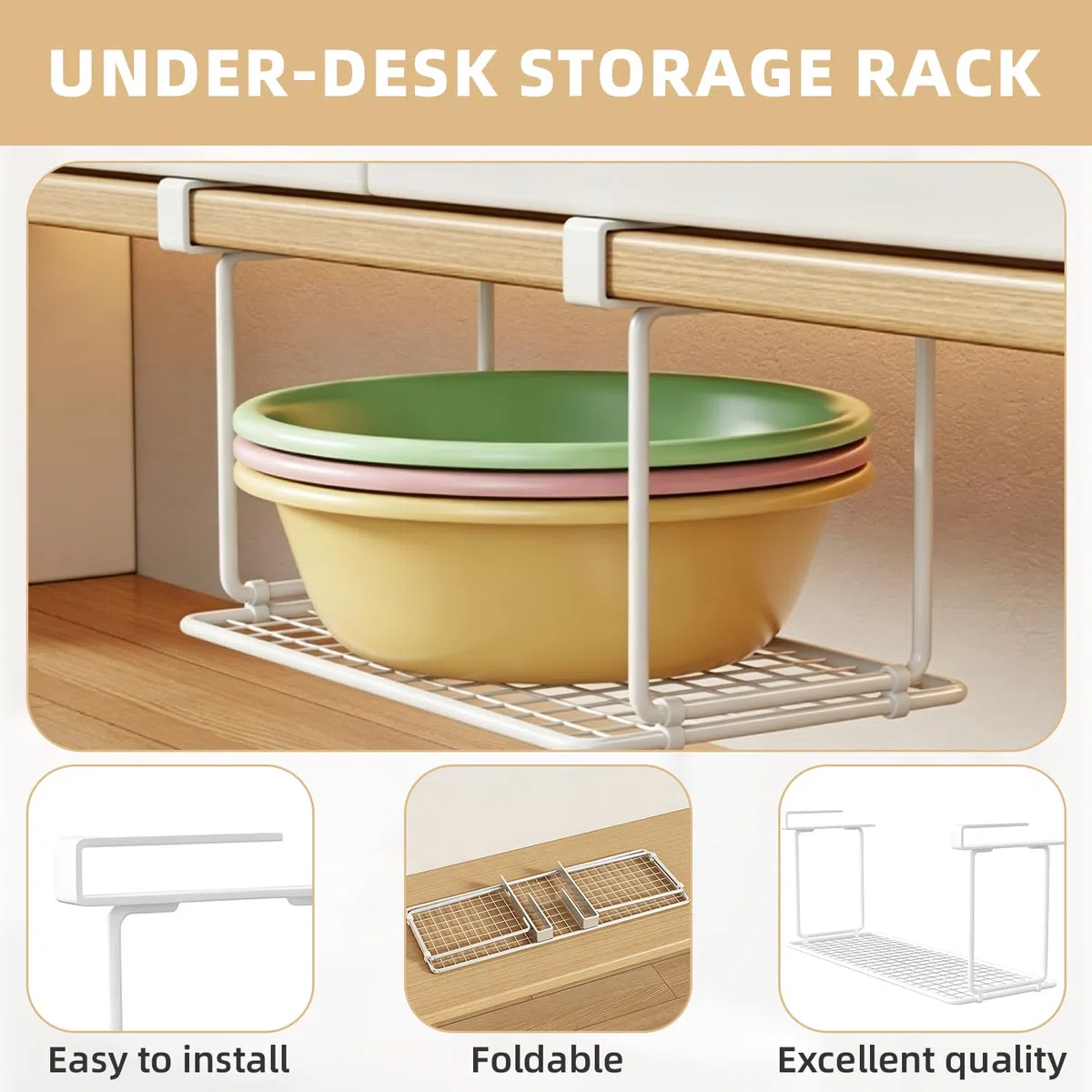 Cesta Colgante, Organizador Armario Cocina Cestas Almacenaje Baño Cesta Plegable para Cocina Baño Bajo Estante, Organizador Sin Taladro para Almacenamiento Instantáneo, 32x19x20cm Blanco