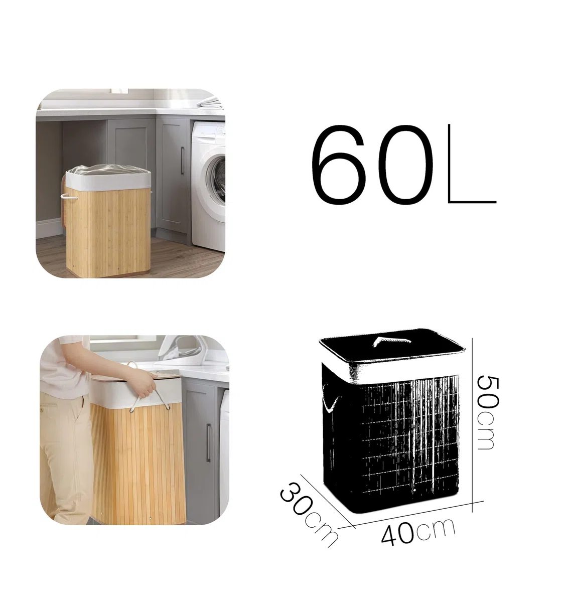 Cesto Para Ropa Sucia, Pongotodo con Tapa Separada Individualmente y Asas, Bolsa Lavable Extraíble, Cesta de Bambú Para Ropa (Retangular)