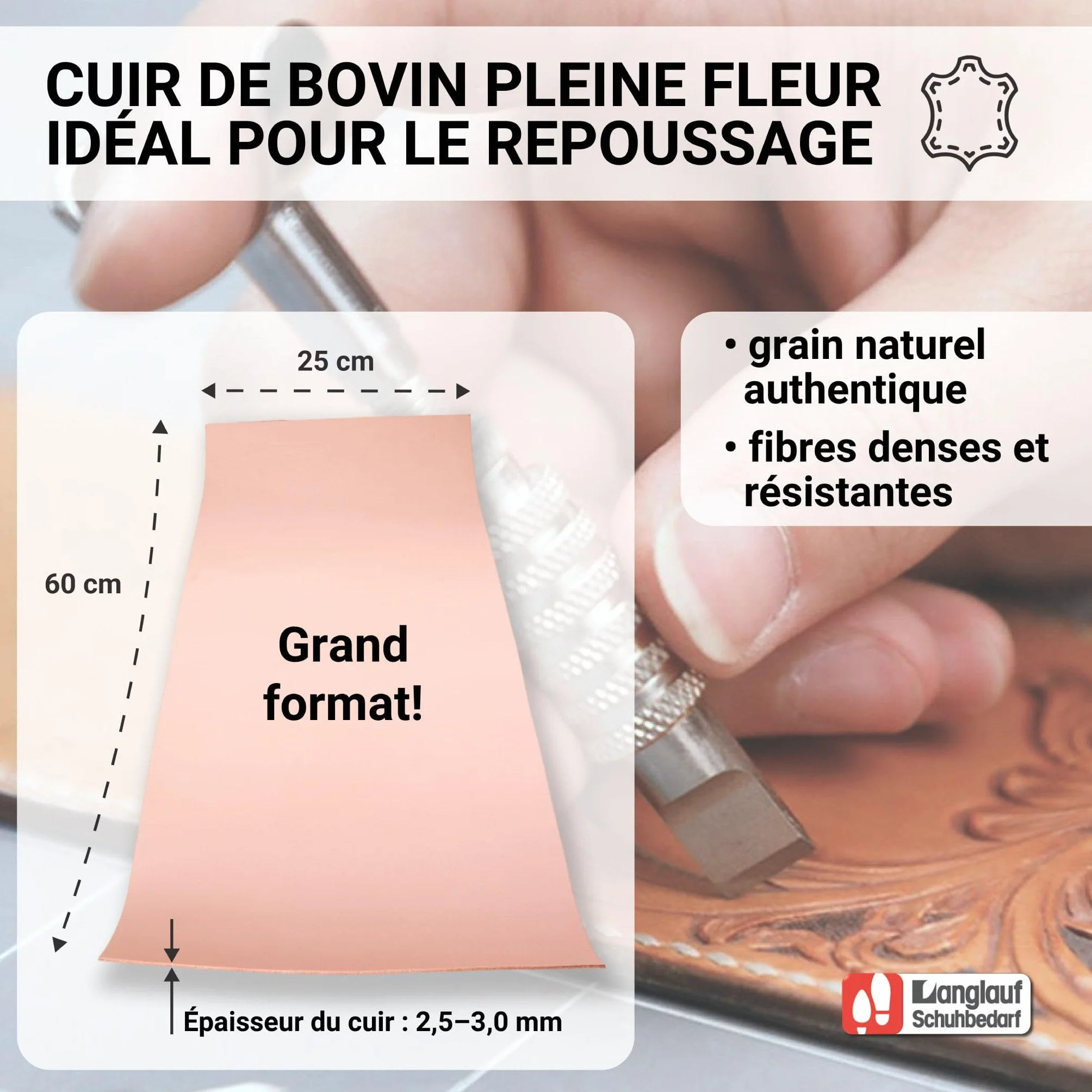 Langlauf Schuhbedarf Piel de vacuno curtida de 250 mm x 600 mm, piel de vacuno curtida vegetal, piel de vacuno completa (grosor de la piel 2,5-3,0 mm)