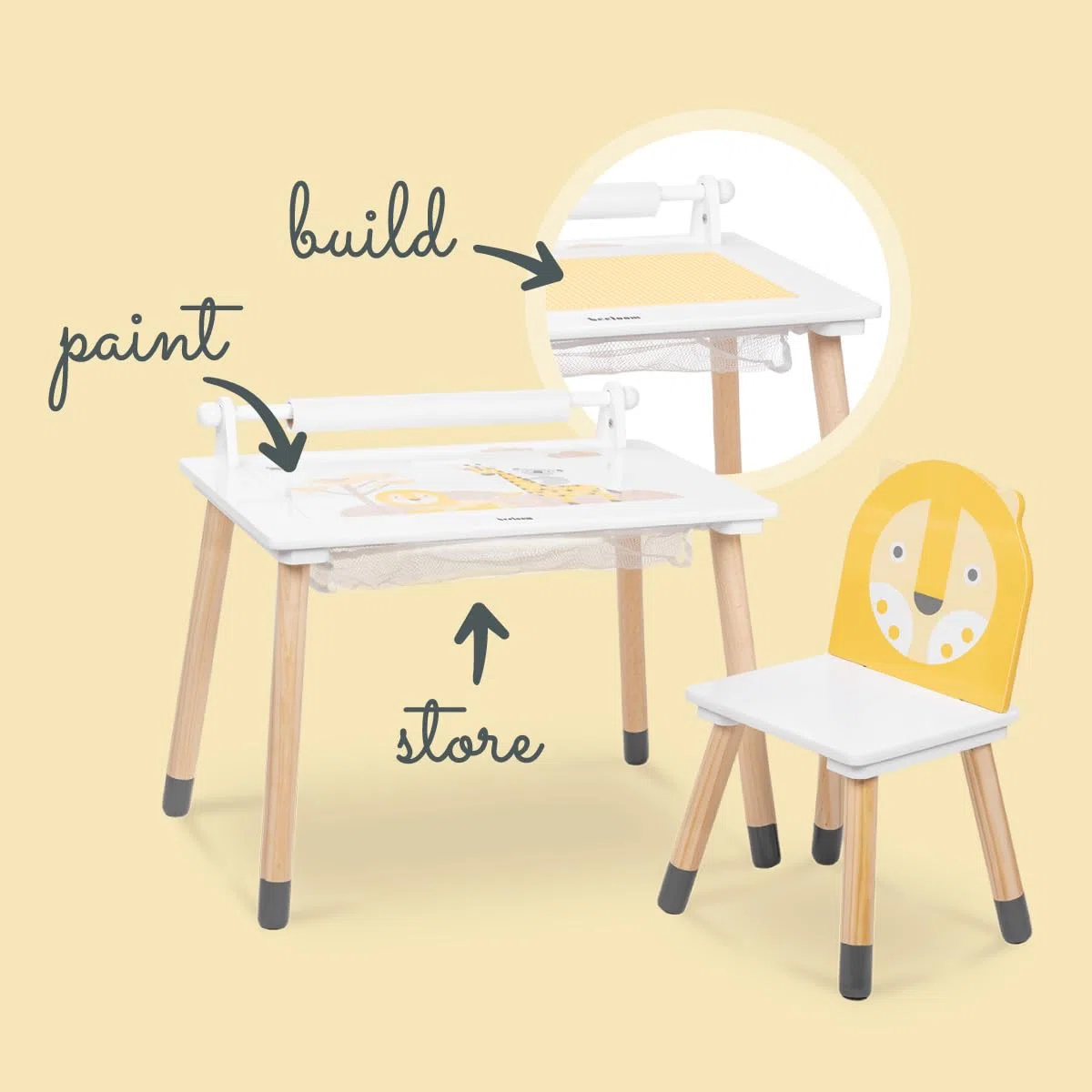 Beeloom - Mesa Multiusos Infantil de Madera, Jungle Drum, 60x40x44cm para niños con 1 Silla, Set mesilla y Sillita, Escritorio Multifuncional multiactividades