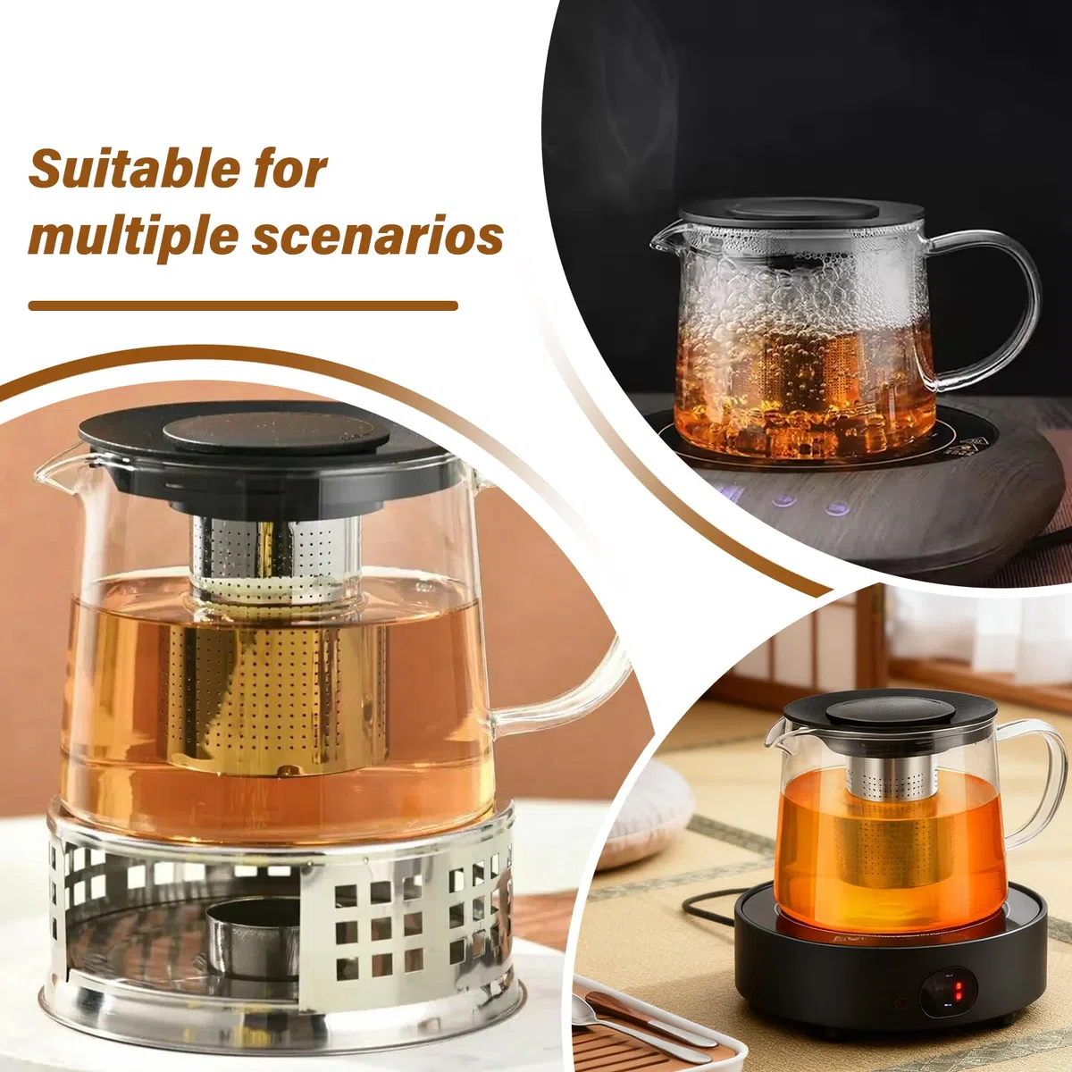 Tetera, 1,5 L, tetera de vidrio borosilicato, tetera de cristal, jarra de cristal con colador de acero inoxidable, protección contra sobrecalentamiento, jarra de cristal con tapa para té suelto, té de
