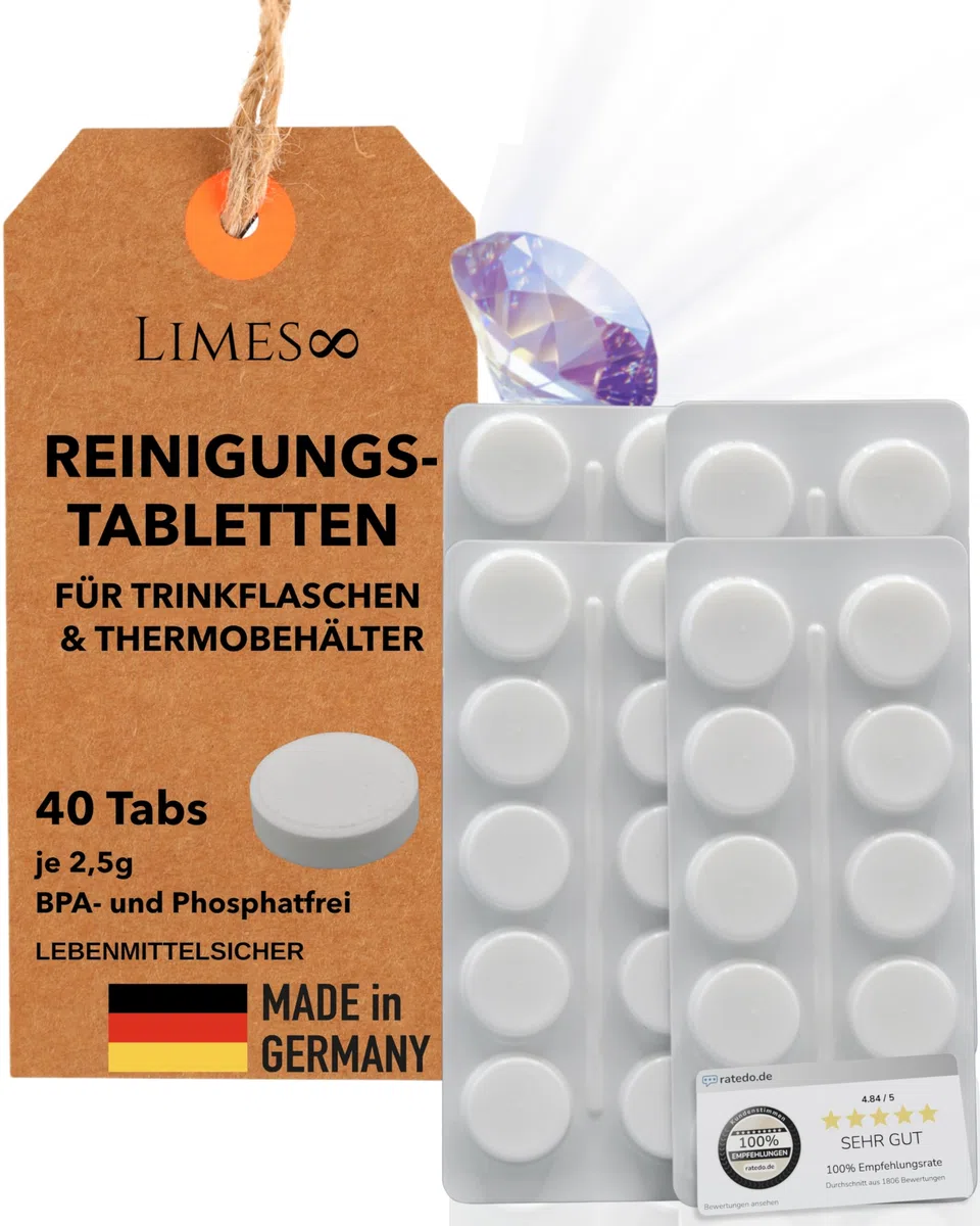 Potentes pastillas de limpieza para botellas de agua, fórmula 60% más fuerte, 40 pastillas biodegradables, fabricadas en Alemania, para acero inoxidable, vidrio, plástico, limpieza higiénica y