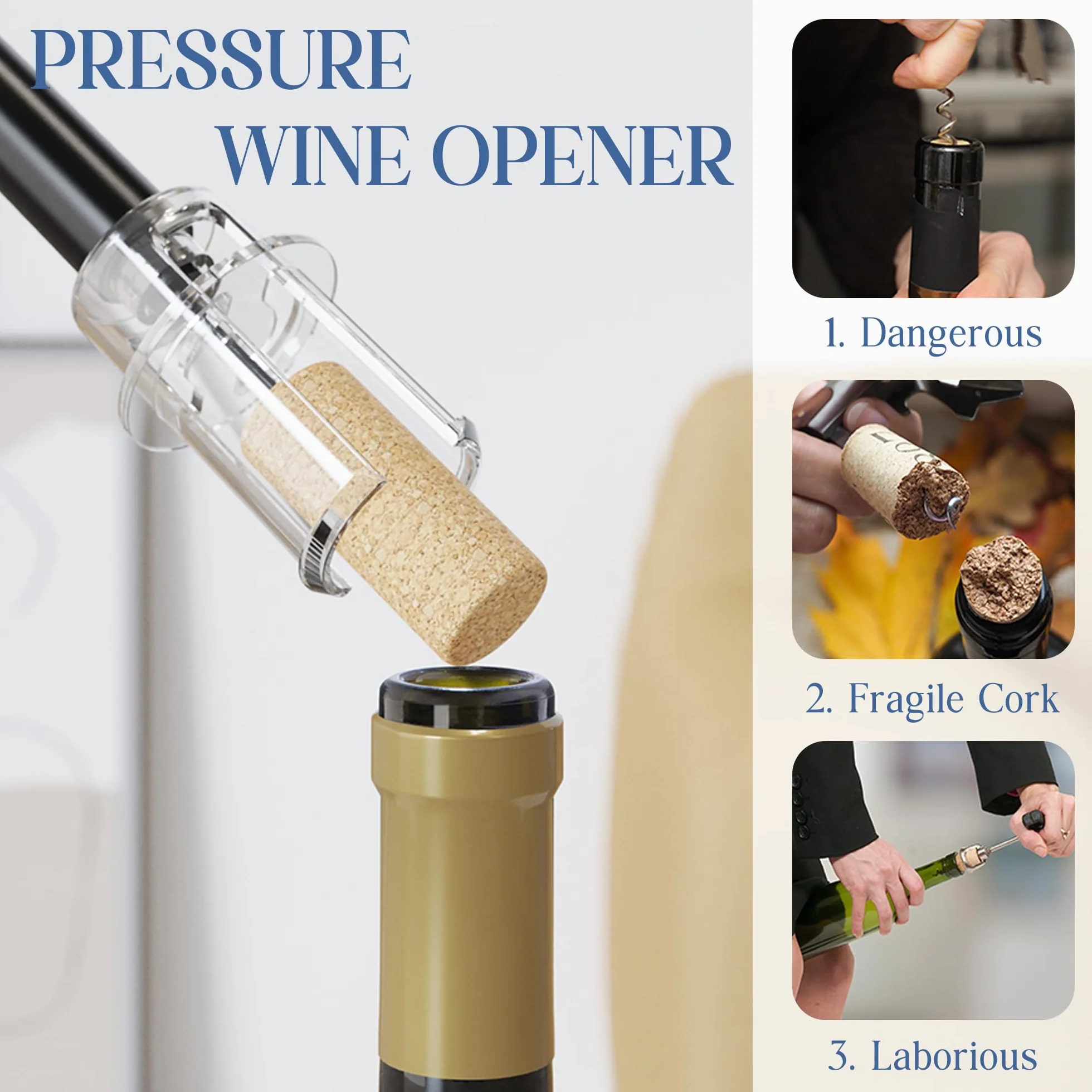 Set de Sacacorchos de Aire a Presión, Incluye Corta Cápsulas, Bomba Vacio Tapon, Vertedor y Base, Abridor de Vino Profesional Funcional, Regalo Ideal para los Amantes del Vino Navidad