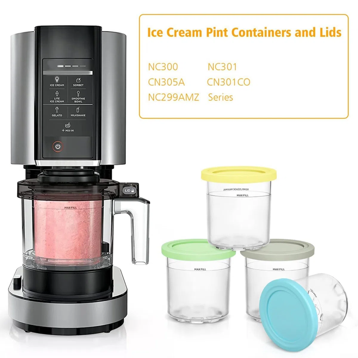 Vasos de helado compatibles con Ninja, para la serie NC300 y NC299AM, paquete de 4 pintas reutilizables con tapas, para Creami Deluxe, recipientes de postre de plástico (paquete de 4