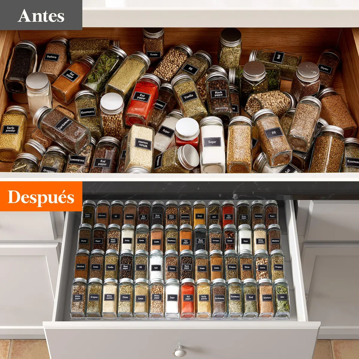 Lifewit Organizador Especias Cajon Especieros para Cocina, organizador de tarros de 24 condimentos para almacenamiento de cocina, encimera, armario, estante, 3 niveles, juego de 6, transparente