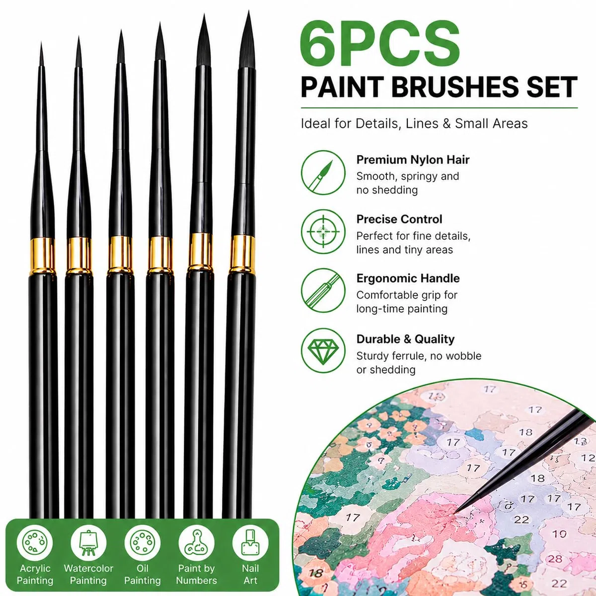 6 Piezas Pintar por Numeros Adultos Pinceles Pintura Acrilica,Profesional Viajes Finos Pinceles Acuarelas para Artistas Principiantes,Óleo,Gouache,Modelo,Miniaturas,Pintura Facial