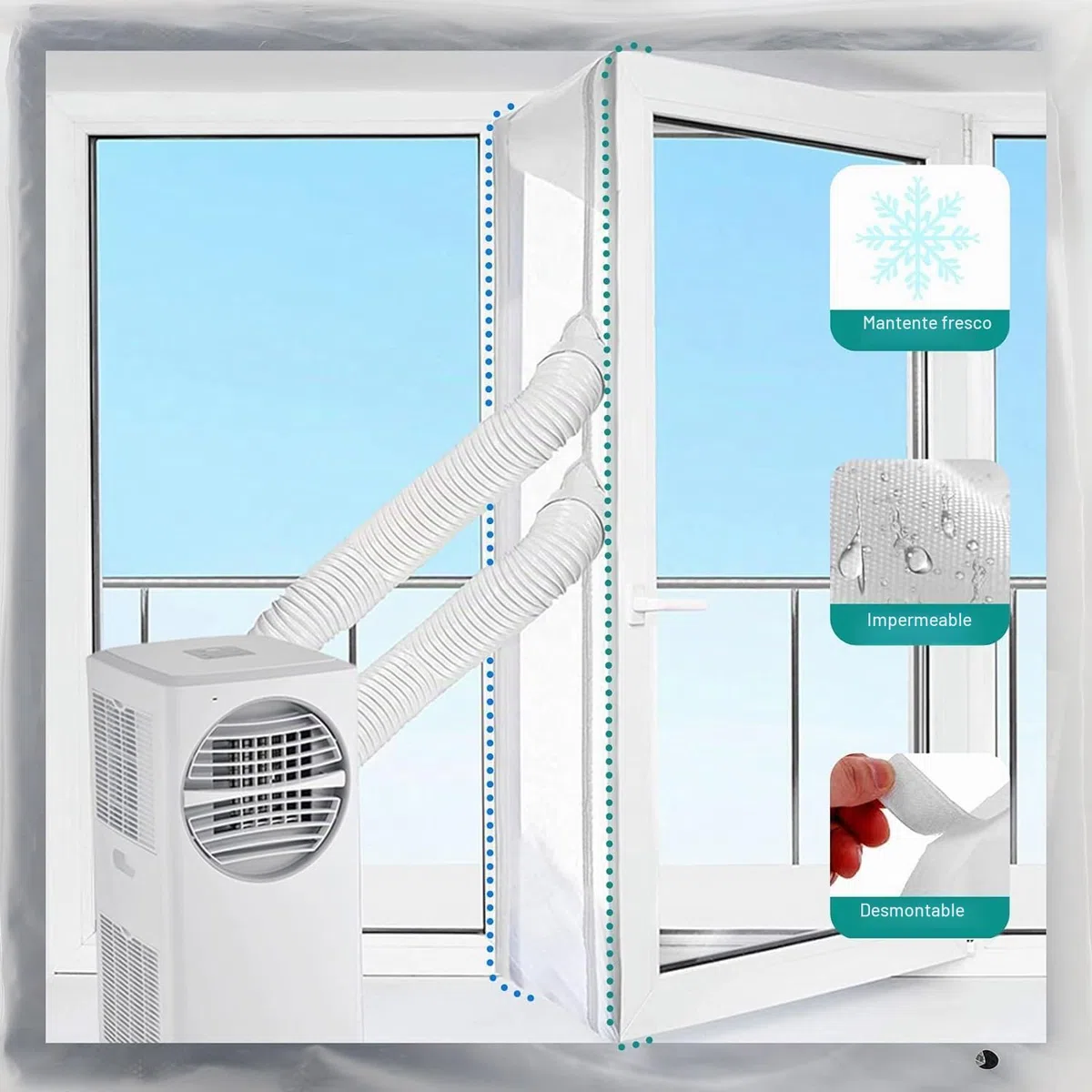 Kit ventana aire acondicionado portatil, Junta de ventana para aire acondicionado móvil, Junta de ventana para acondicionadores de aire móviles con cremallera y cierre adhesivo (400 cm)