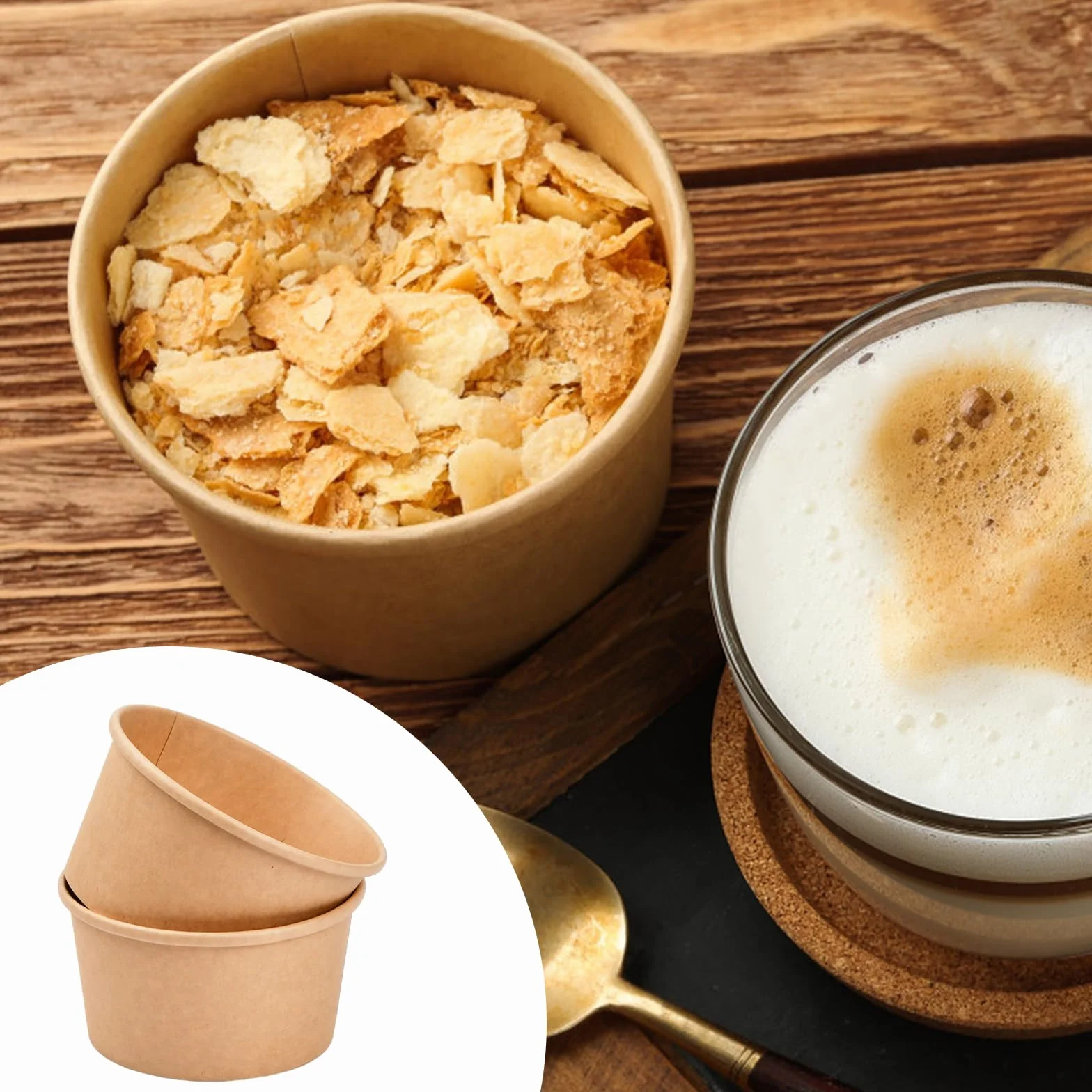 50 Piezas Cartón de Comida, Vasos de Papel para Helado, Taza Compostable Cuenco Cartón Kraft, Cartón de Sopa, Contenedores de Sopa de Papel para Frutas Postre Aperitivos Yogur (230ml)